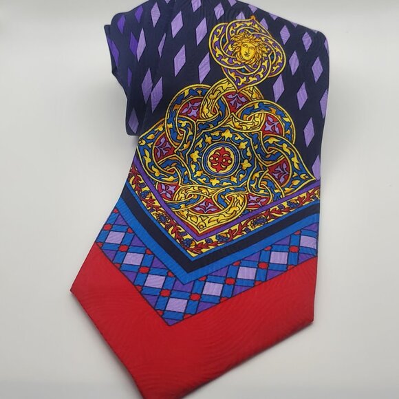 VTG VERSACE Men's Silk Tie Mandala Emblem Design Geometric Pattern Red Blue - Picture 7 of 10